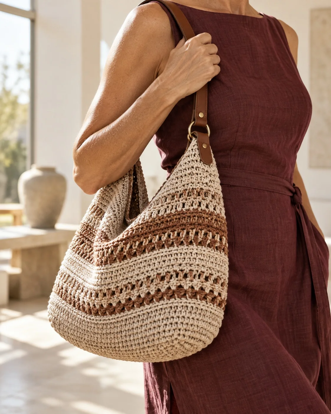Bolso de crochet en tonos naturales combinado con un vestido color vino. Imagen editorial ilustrativa.